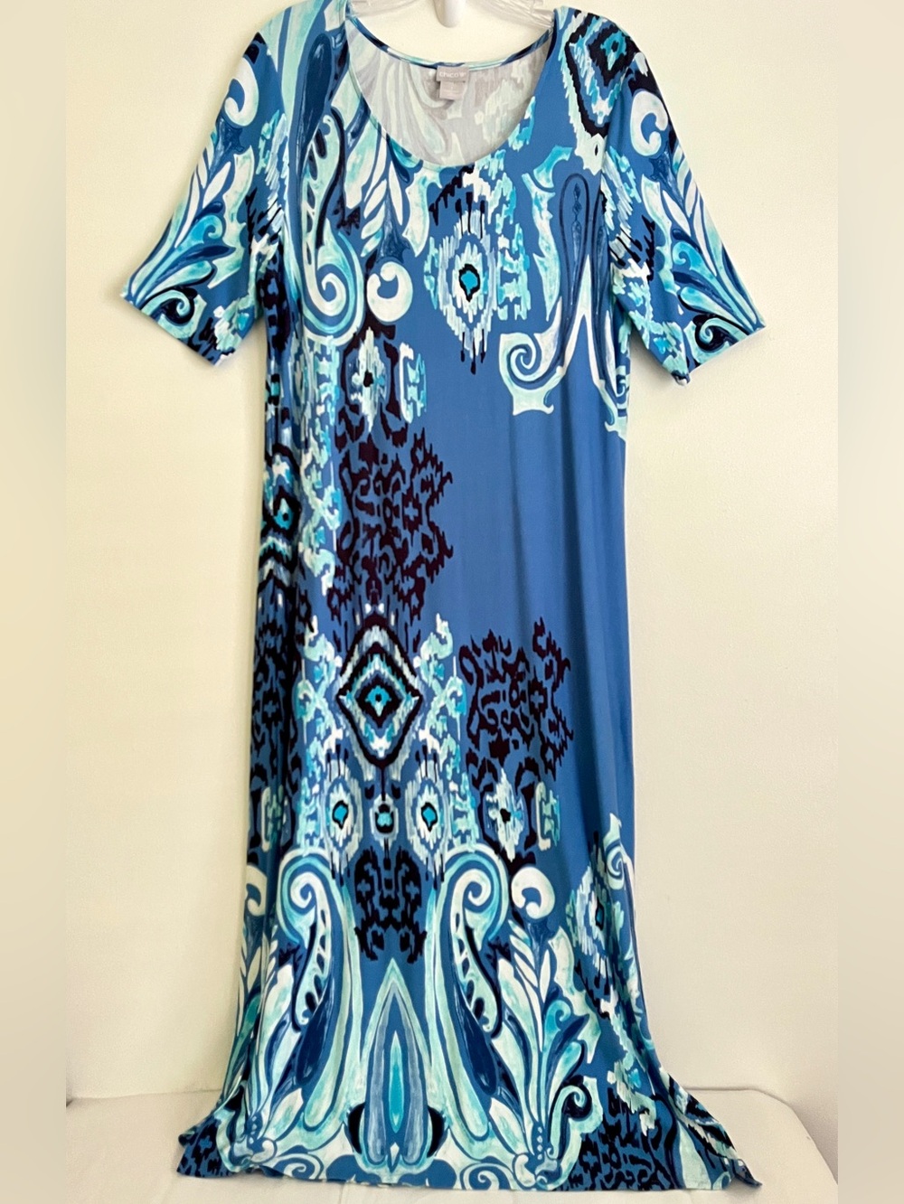Chico's Blue Ikat Pattern Maxi Dress 8-10 Short Sleeve Side Slits
Boho Resort